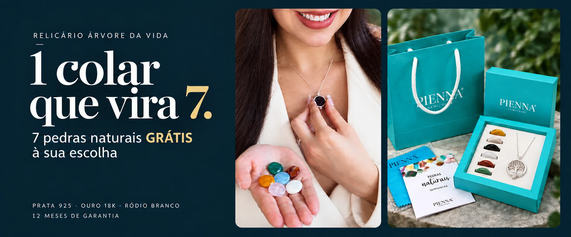 Relicário Árvore da Vida: 1 colar que vira 7. 7 pedras naturais grátis à sua escolha. Prata 925, Ouro 18k e Ródio Branco, 12 meses de garantia.
